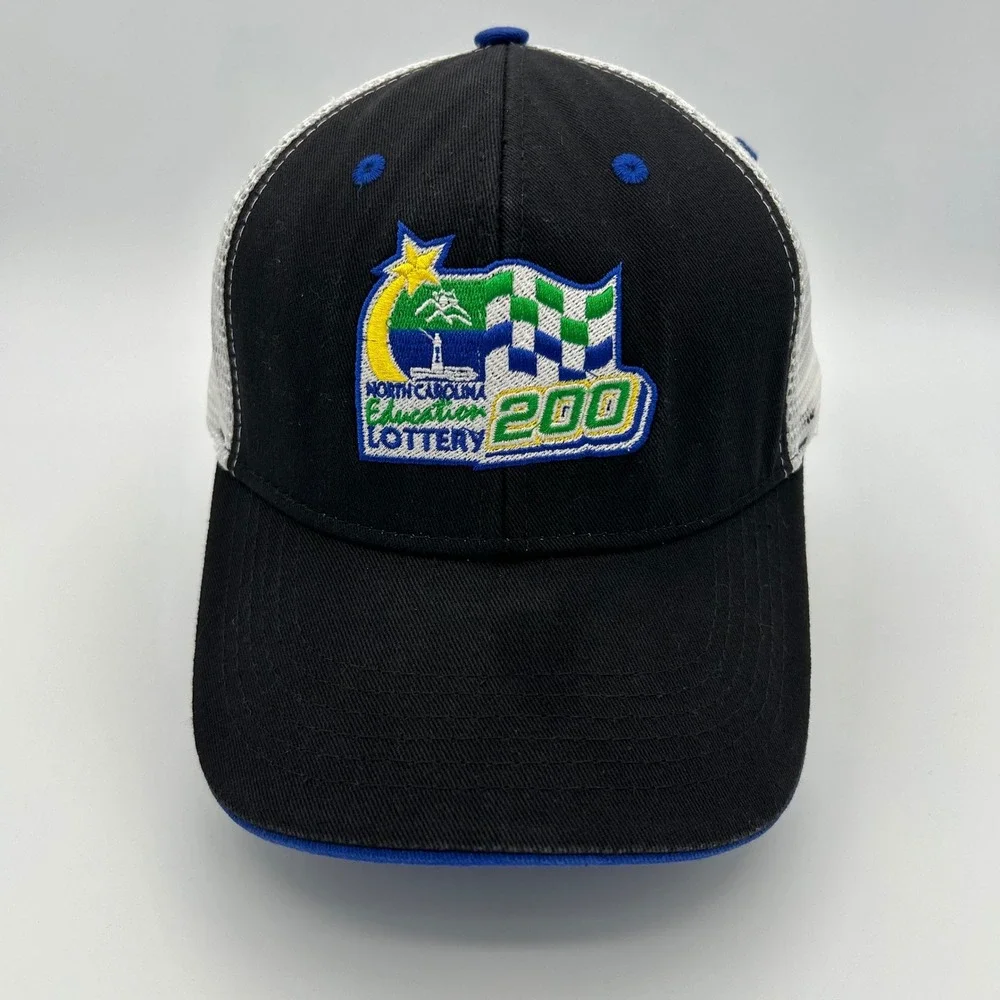 Vintage NC Education Lottery 200 Trucker Hat Mens OSFA Black White Racing Sport
